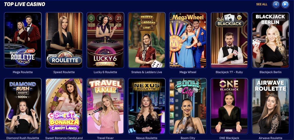 Top live casino games at Wonaco, showcasing titles like Mega Roulette, Sweet Bonanza Candyland, and Snakes & Ladders Live with colorful visuals.