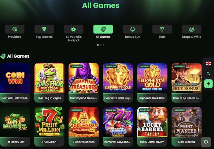A selection of various slot games at Zip Casino such as Coin Win, Elvis Frog in Vegas, Mummyland Treasures, Fruit Million, and more, displayed in a grid with the option to explore additional game categories
