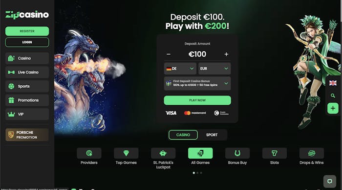 The homepage of Zip Casino showing an action-packed background with a fierce dragon and a promotional offer for a first deposit bonus of 100% up to €1000 plus 50 free spins. There are navigation options for games, promotions, and account registration.