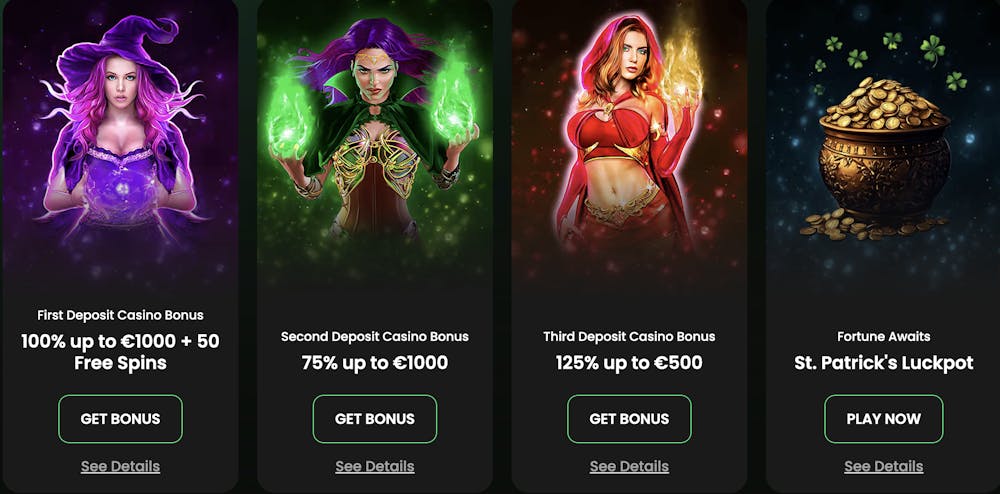A promotional banner showcasing various deposit bonuses including a 100% bonus up to €1000 and 50 free spins for the first deposit, a 75% bonus for the second deposit, a 125% bonus for the third deposit, and a 