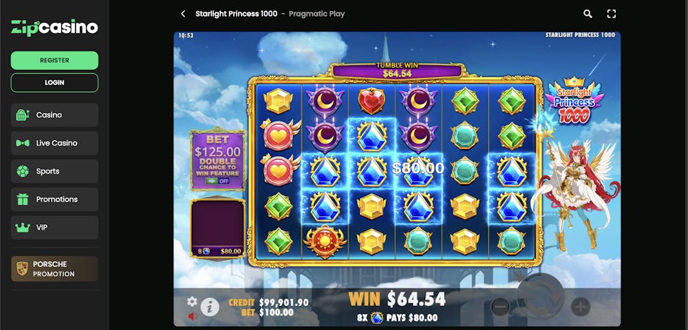 A screenshot of the Starlight Princess 1000 slot game showing a spin with various brightly colored gem symbols like diamonds, moons, hearts, and stars. The player's bet is $125.00, with a win of $64.54 from the combination of symbols. The game also features the 