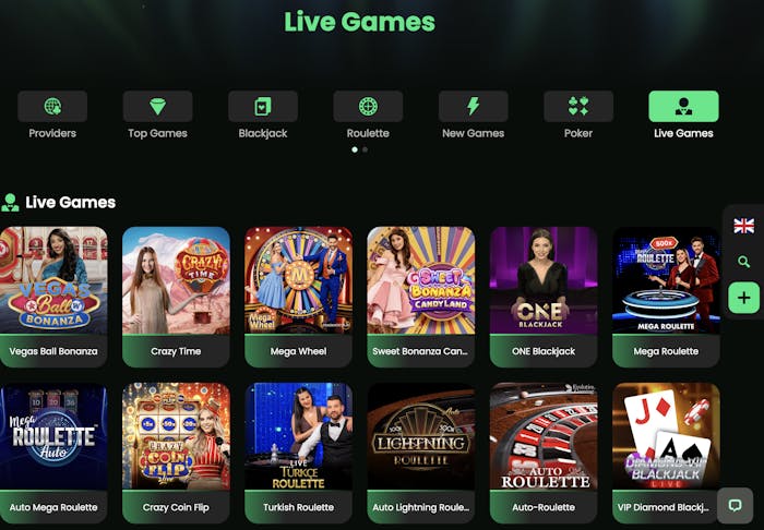 A selection of live casino games available at Zip Casino, including titles like Vegas Ball Bonanza, Crazy Time, Mega Wheel, ONE Blackjack, and Mega Roulette, displayed in a colorful grid layout